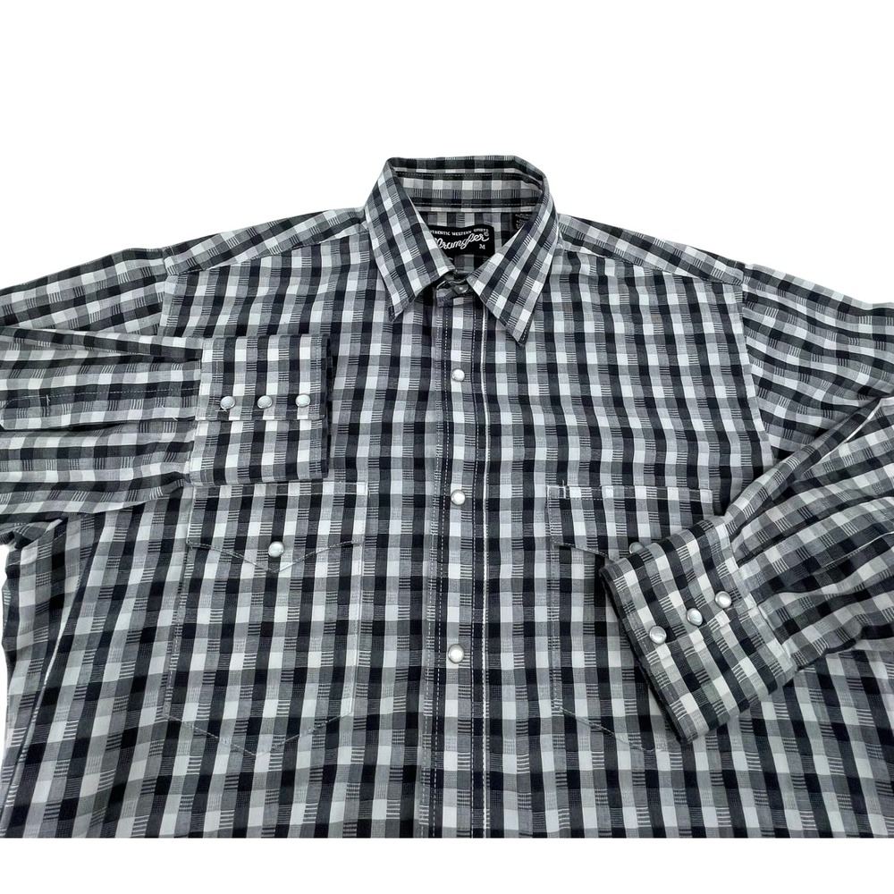 Wrangler Mens Authentic Western Pearl Snap Gingham Check Shirt Black White M
